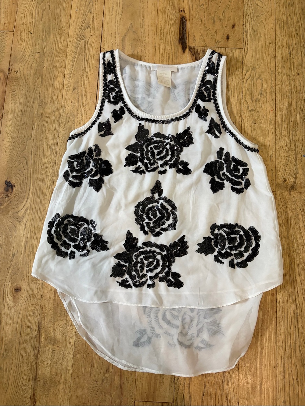 MM Couture White Tank Top with Black Sequin Rose Embroidery